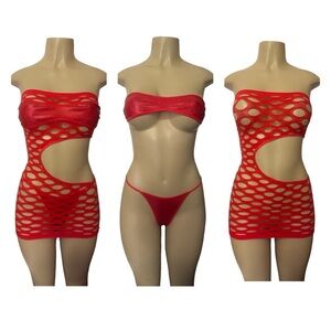 Elegant Red Fishnet Bandeau 3 piece Set -exotic Dancewear